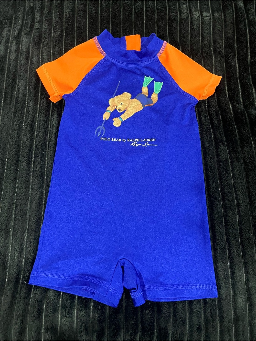 Ralph Lauren Blue and Orange Kids Swim Rashguard Sunsuit with Polo Bear